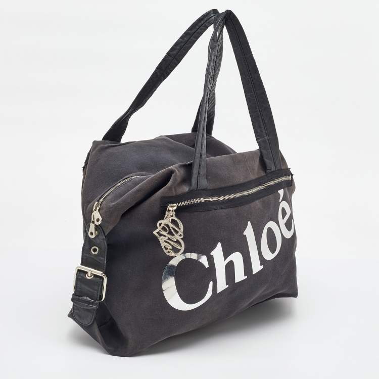 Pre Owned Chloe Black Canvas and Leather Logo Printed Weekender Bag