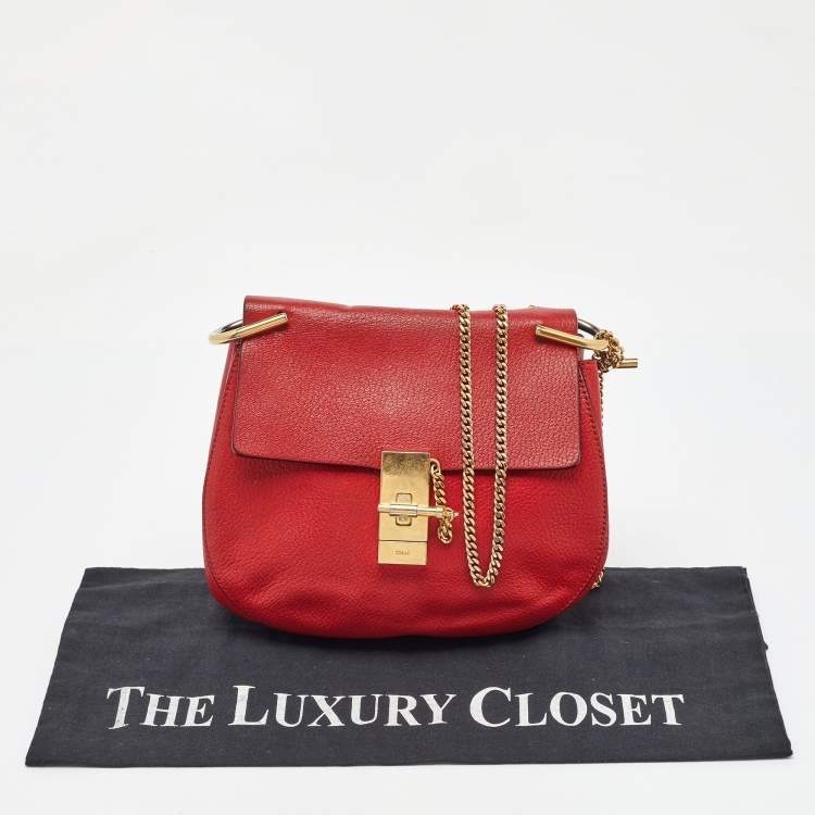 Pre Owned Chloe Red Leather Medium Drew Flap Chain Crossbody Bag