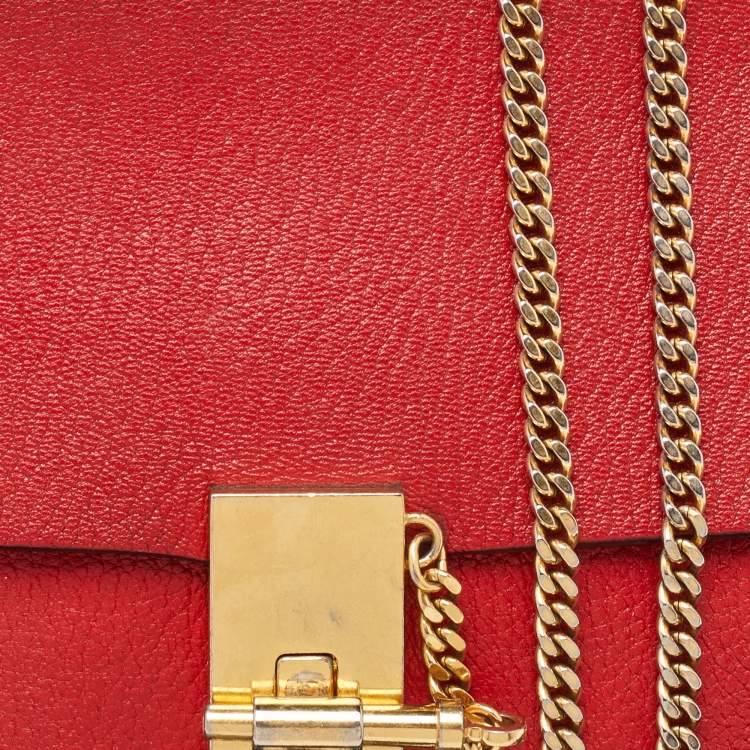 Pre Owned Chloe Red Leather Medium Drew Flap Chain Crossbody Bag