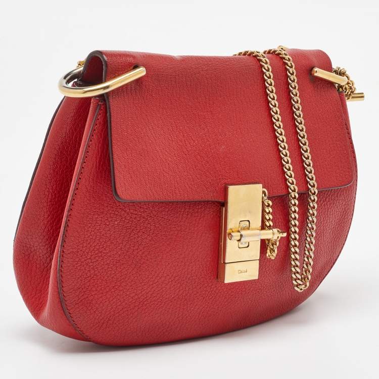 Pre Owned Chloe Red Leather Medium Drew Flap Chain Crossbody Bag