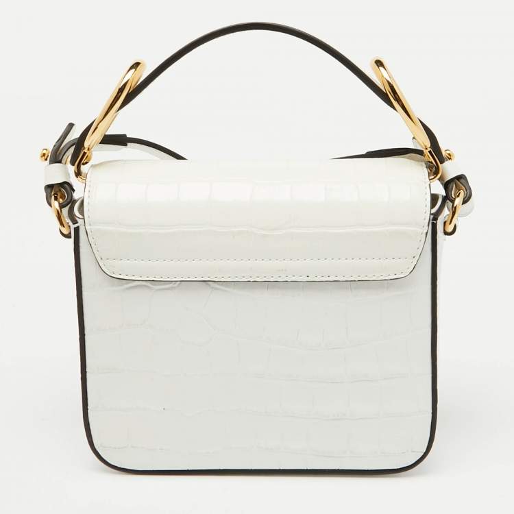 Pre Owned Chloe White Croc Embossed Leather Mini C Flap Top Handle Bag