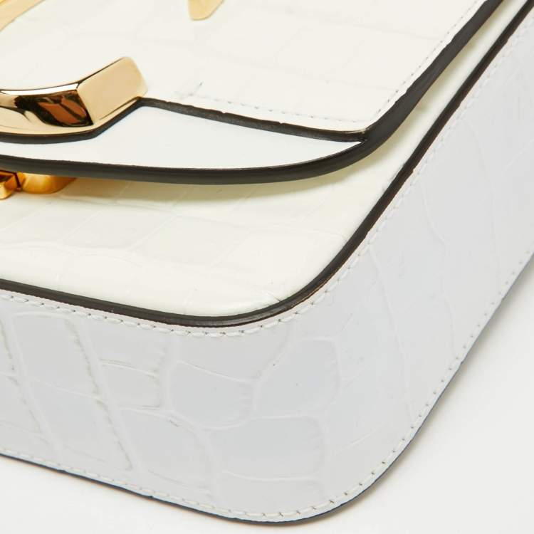 Pre Owned Chloe White Croc Embossed Leather Mini C Flap Top Handle Bag