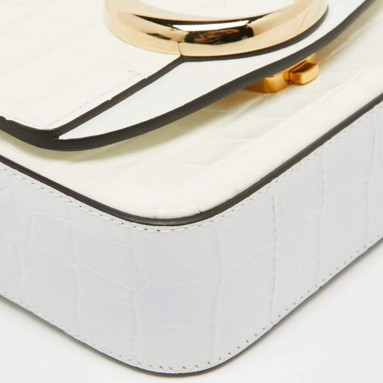 Pre Owned Chloe White Croc Embossed Leather Mini C Flap Top Handle Bag