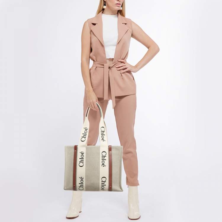 Pre Owned Chloe Beige/Brown Canvas Medium Woody Tote
