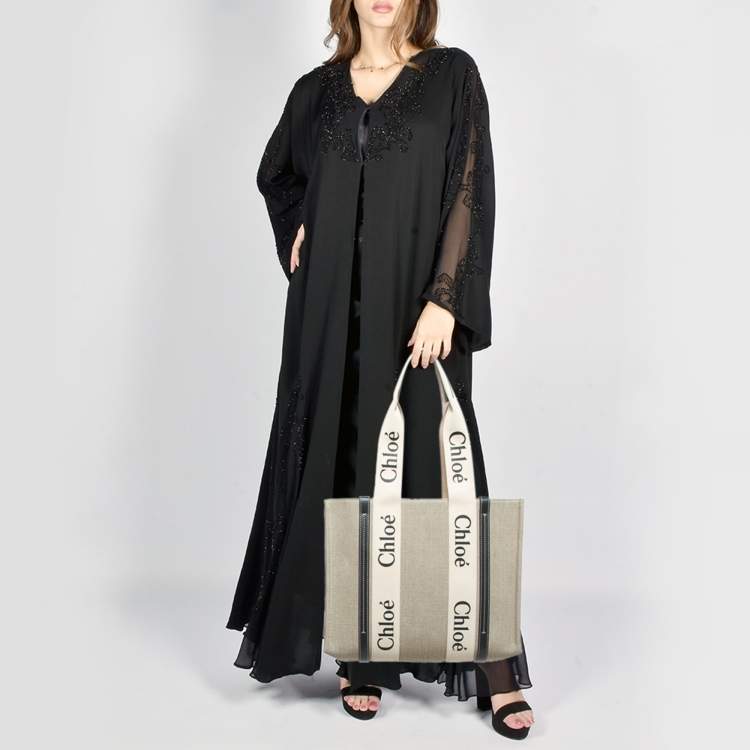 Pre Owned Chloe Black/Beige Canvas Medium Woody Tote