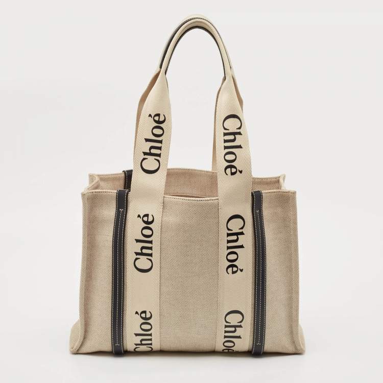 مملوكة مسبقًا Chloe Black/Beige Canvas Medium Woody Tote