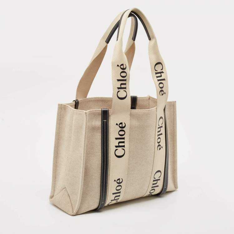 مملوكة مسبقًا Chloe Black/Beige Canvas Medium Woody Tote