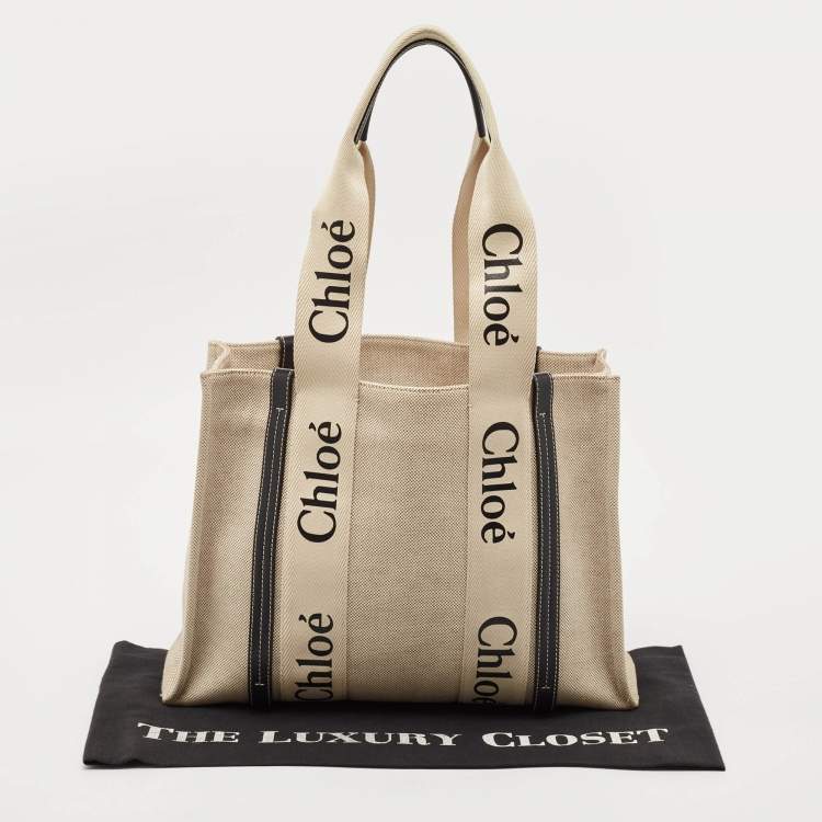 مملوكة مسبقًا Chloe Black/Beige Canvas Medium Woody Tote