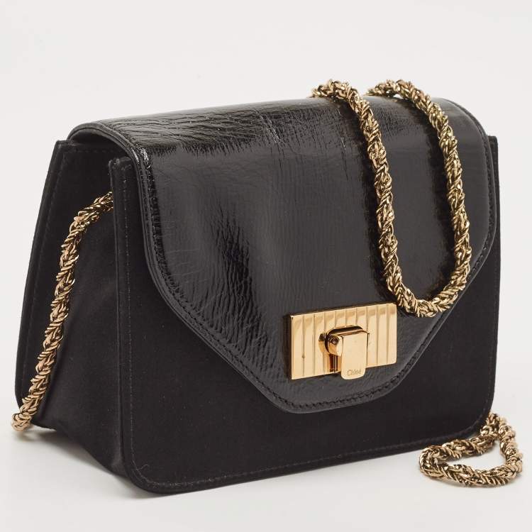 Pre Owned Chloe Black Satin and Patent Leather Mini Sally Shoulder Bag