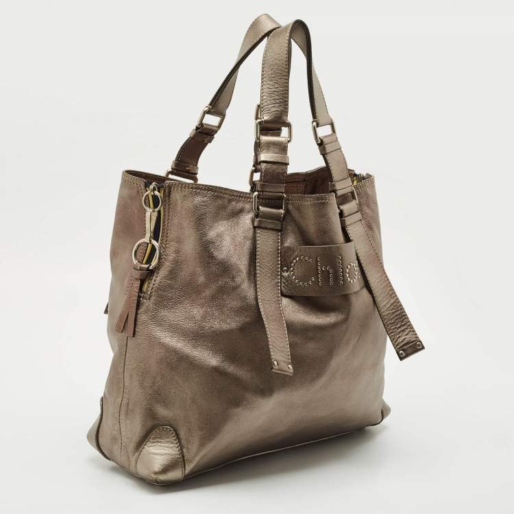 Pre Owned Chloe Silver Leather Studded Logo Patsy Tote