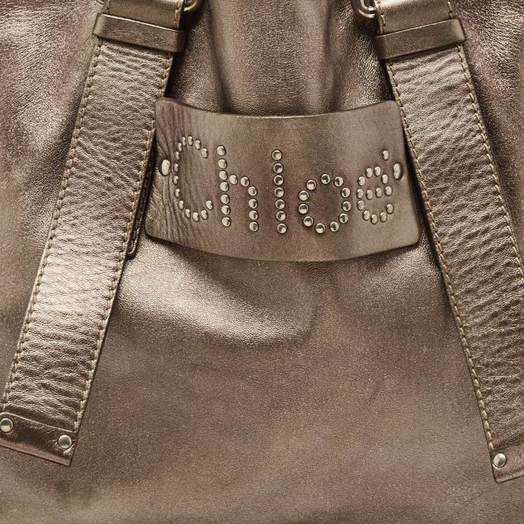 Pre Owned Chloe Silver Leather Studded Logo Patsy Tote