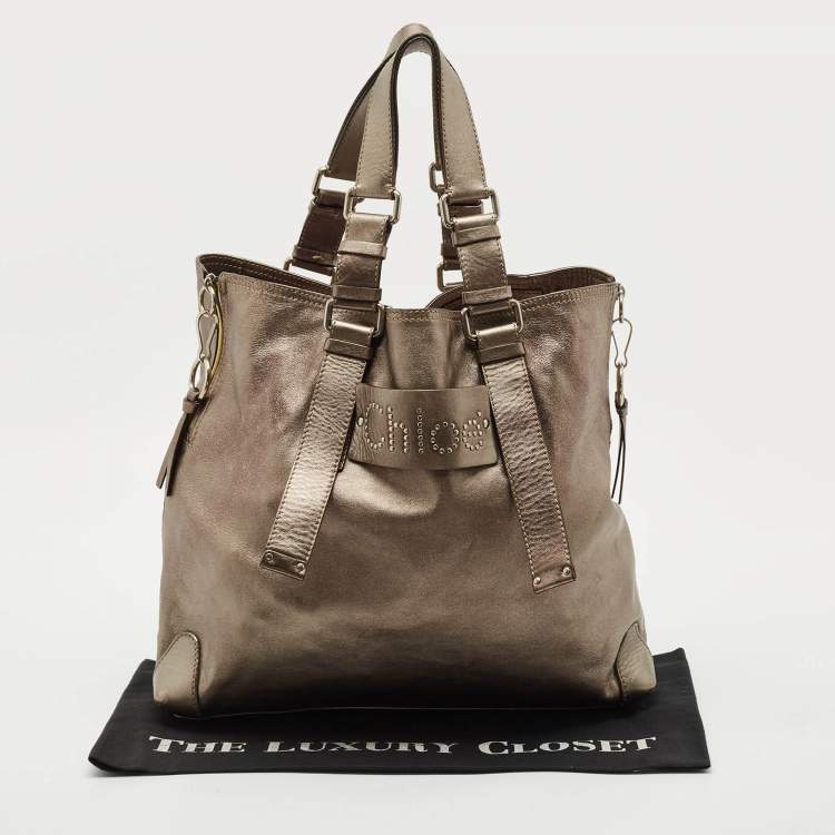 Pre Owned Chloe Silver Leather Studded Logo Patsy Tote