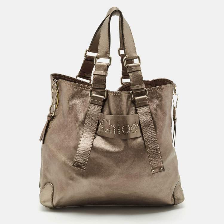 Pre Owned Chloe Silver Leather Studded Logo Patsy Tote
