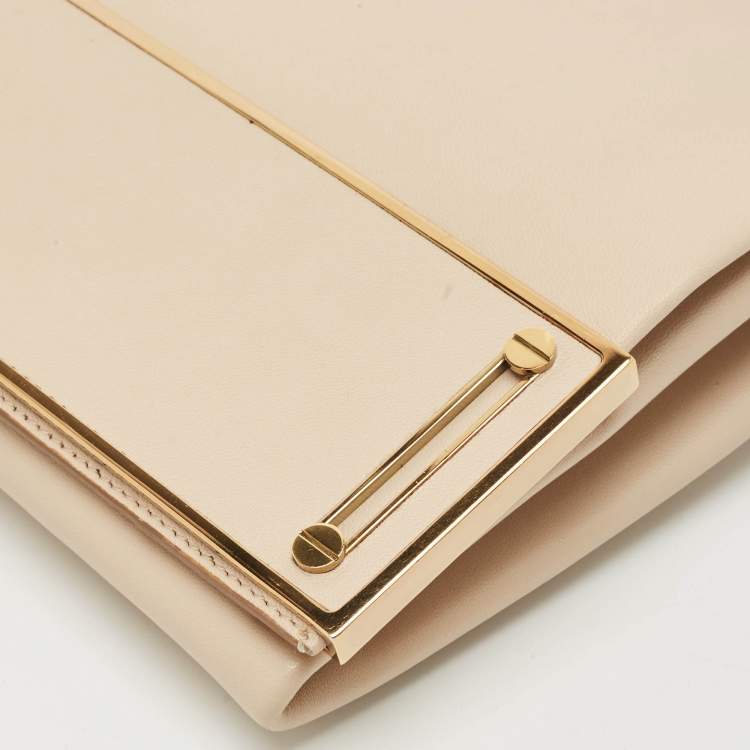 Pre Owned Chloe Beige Leather Metal Flap Clutch
