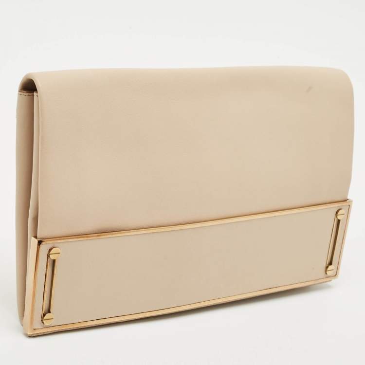 Pre Owned Chloe Beige Leather Metal Flap Clutch