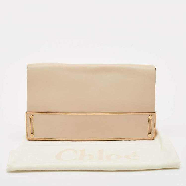 Pre Owned Chloe Beige Leather Metal Flap Clutch