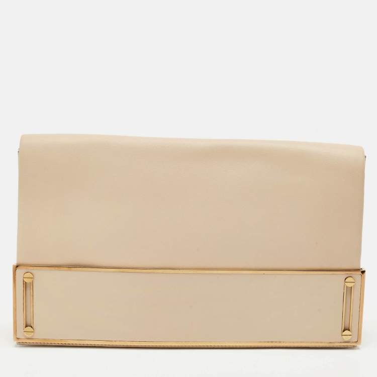 Pre Owned Chloe Beige Leather Metal Flap Clutch