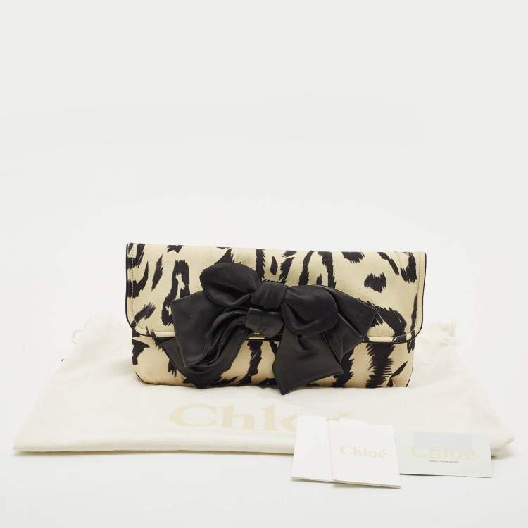 Pre Owned Chloe Cream/Black Printed Fabric Bow Clutch