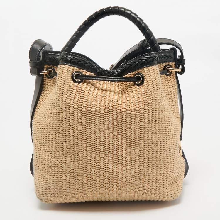 Pre Owned Chloe Beige/Black Raffia and Leather Marcie Bucket Bag