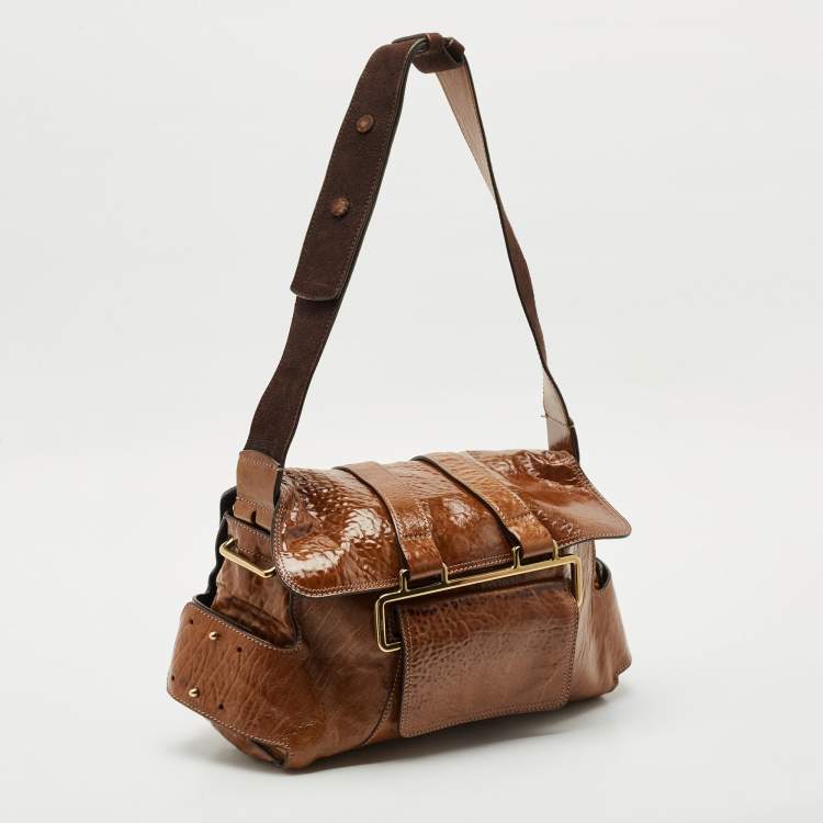 Pre Owned Chloe Brown Patent Leather Beata Shoulder Bag