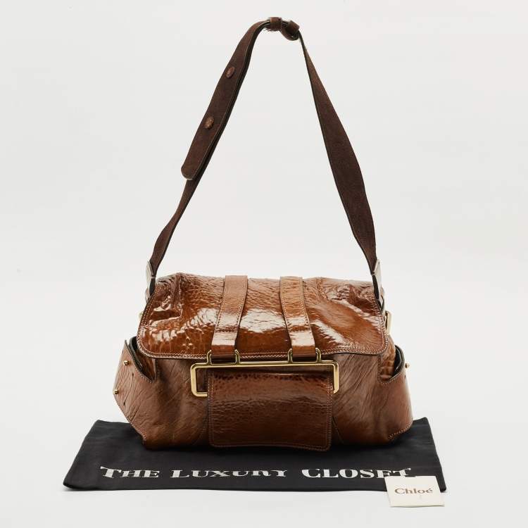 Pre Owned Chloe Brown Patent Leather Beata Shoulder Bag