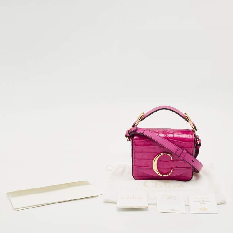 Pre Owned Chloé Pink Croc Embossed Leather Mini C Top Handle Bag