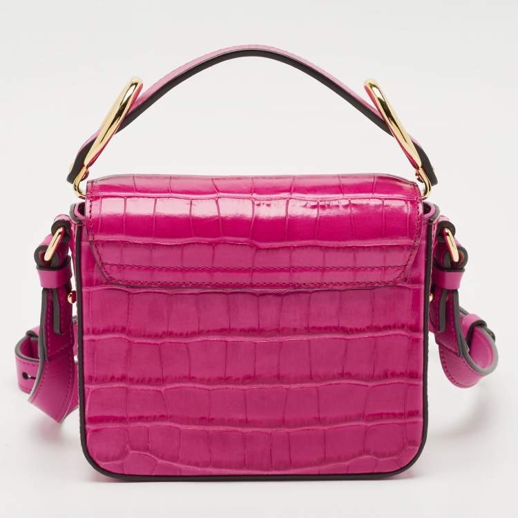 Pre Owned Chloé Pink Croc Embossed Leather Mini C Top Handle Bag