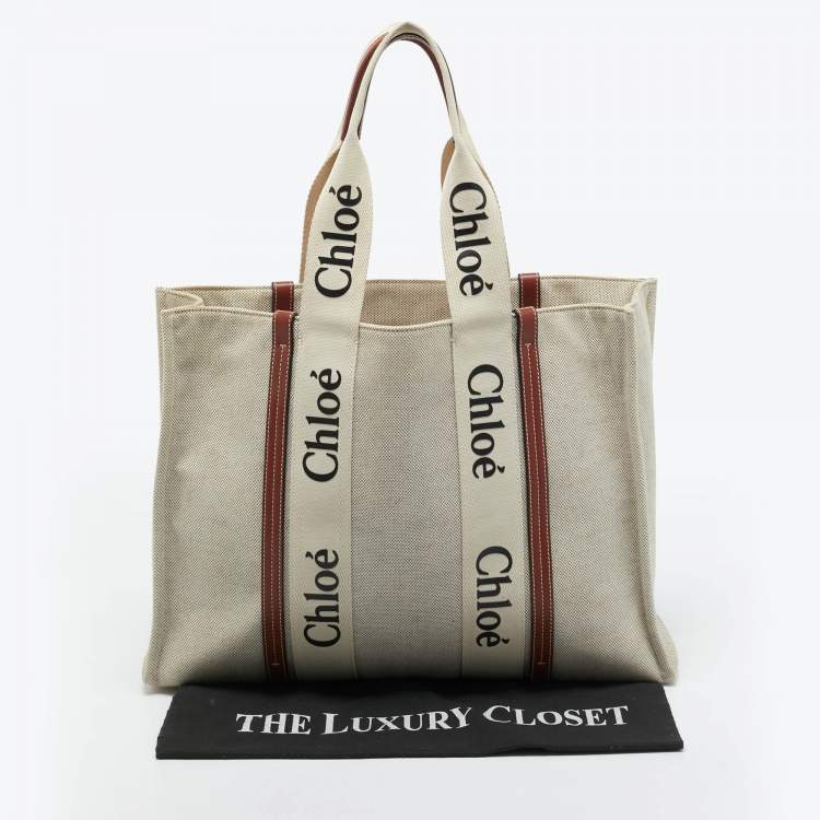 Pre Owned Chloé Beige/Brown Canvas and Leather Large Woody Tote