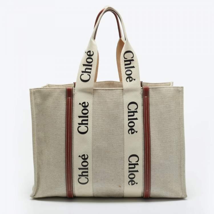 Pre Owned Chloé Beige/Brown Canvas and Leather Large Woody Tote