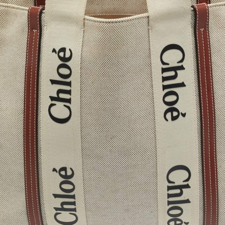 Pre Owned Chloé Beige/Brown Canvas and Leather Large Woody Tote