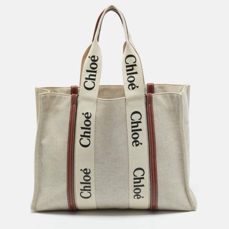 Pre Owned Chloé Beige/Brown Canvas and Leather Large Woody Tote