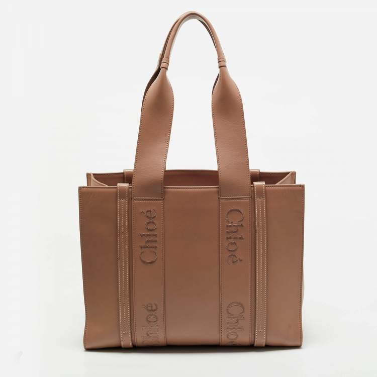 Pre Owned Chloe Dark Beige Leather Medium Woody Tote