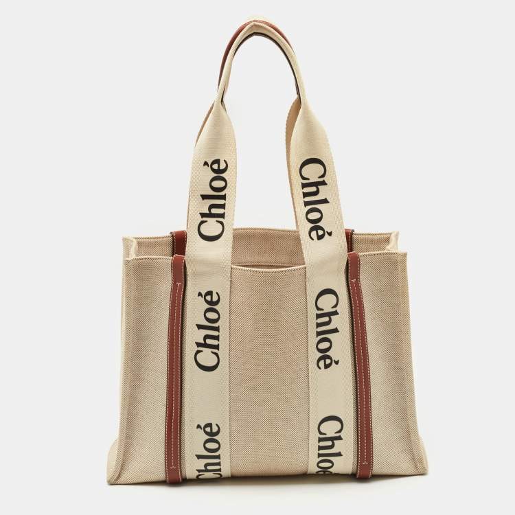مملوكة مسبقًا Chloe Beige/Brown Canvas Medium Woody Tote
