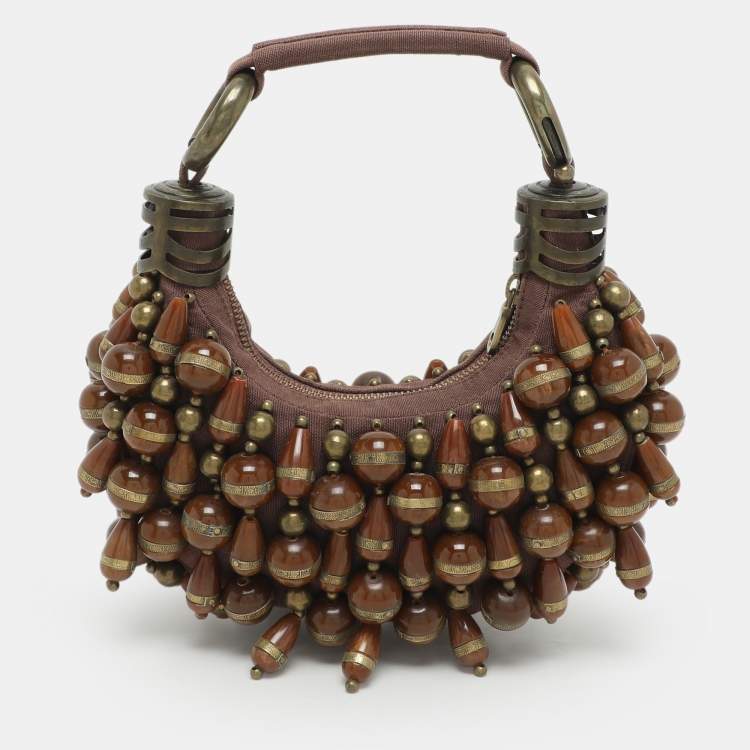 Pre Owned Chloe Brown Canvas Beads Embellished Hobo