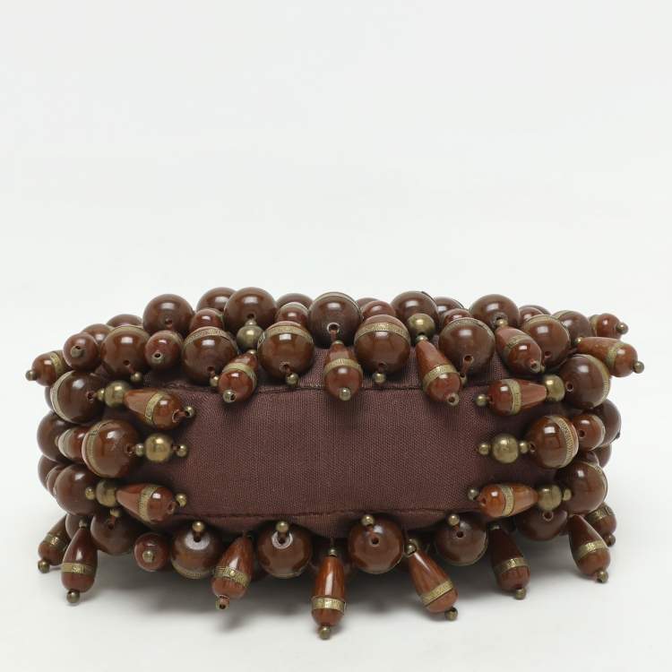 Pre Owned Chloe Brown Canvas Beads Embellished Hobo