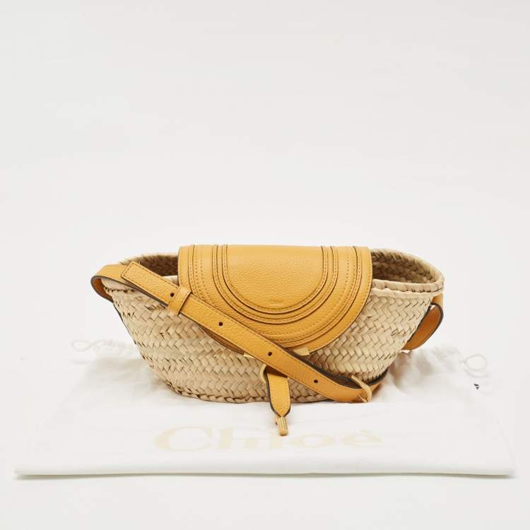 Pre Owned Chloé Mustard/Beige Woven Raffia and Leather Marcie Basket Bag