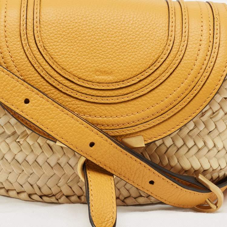 Pre Owned Chloé Mustard/Beige Woven Raffia and Leather Marcie Basket Bag