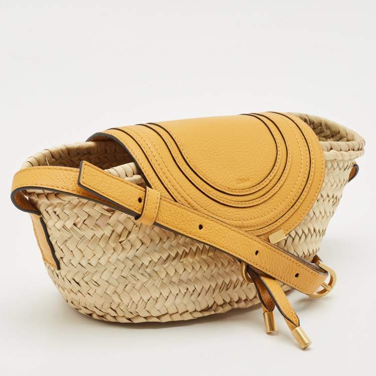 Pre Owned Chloé Mustard/Beige Woven Raffia and Leather Marcie Basket Bag