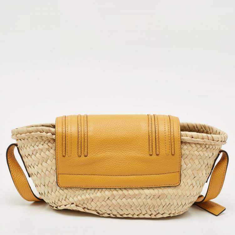 Pre Owned Chloé Mustard/Beige Woven Raffia and Leather Marcie Basket Bag