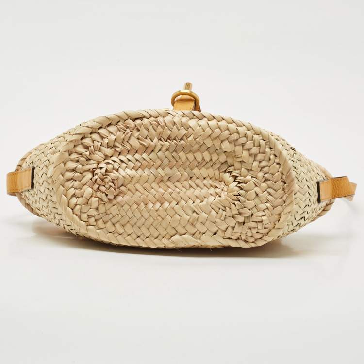 Pre Owned Chloé Mustard/Beige Woven Raffia and Leather Marcie Basket Bag