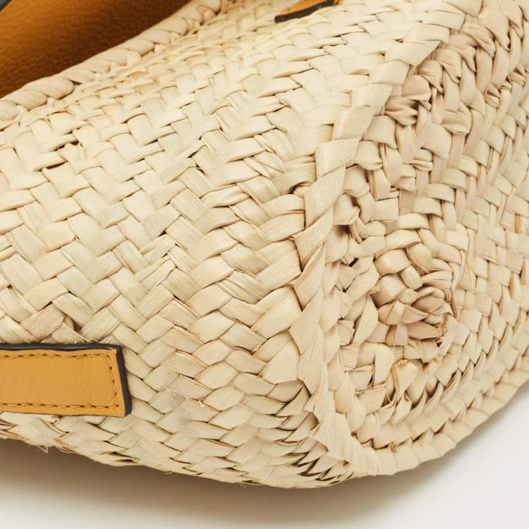 Pre Owned Chloé Mustard/Beige Woven Raffia and Leather Marcie Basket Bag