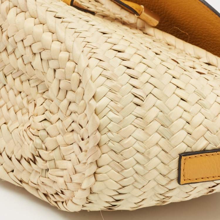 Pre Owned Chloé Mustard/Beige Woven Raffia and Leather Marcie Basket Bag