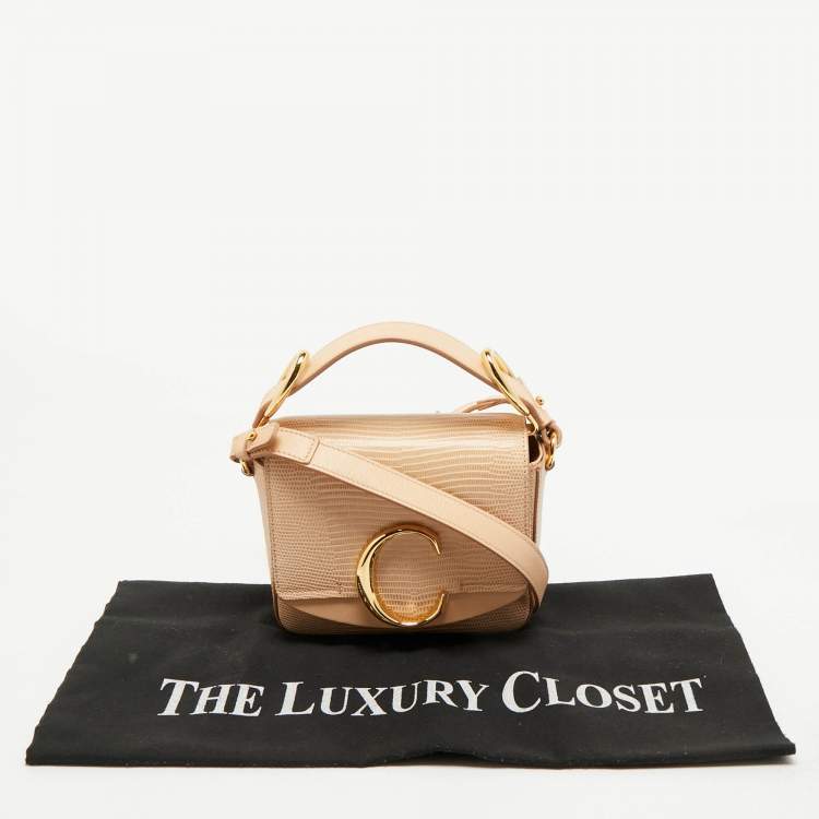 Pre Owned Chloé Peach Lizard Embossed Leather Mini C Top Handle Bag