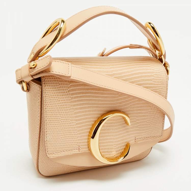 Pre Owned Chloé Peach Lizard Embossed Leather Mini C Top Handle Bag