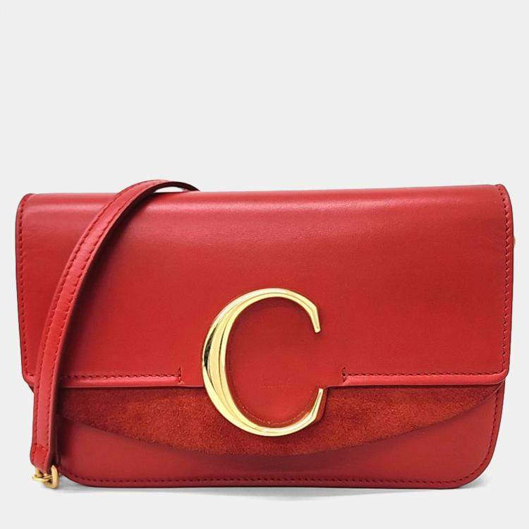 Pre Owned Chloe Red Leather C Chain Crossbody Bag