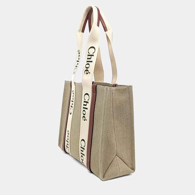 Pre Owned Chloe Beige Brown Fabric Woody Bag Medium