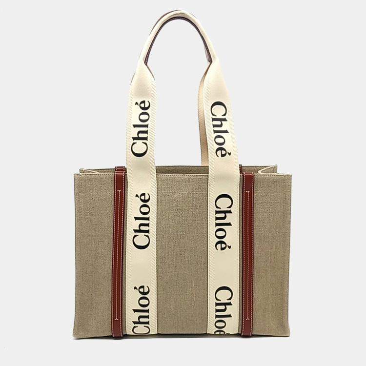 Pre Owned Chloe Beige Brown Fabric Woody Bag Medium
