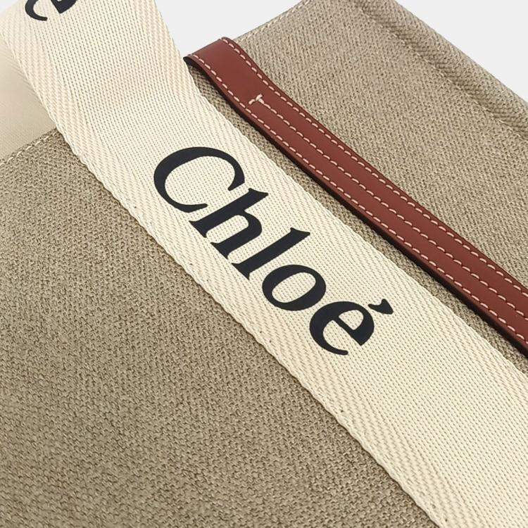 Pre Owned Chloe Beige Brown Fabric Woody Bag Medium