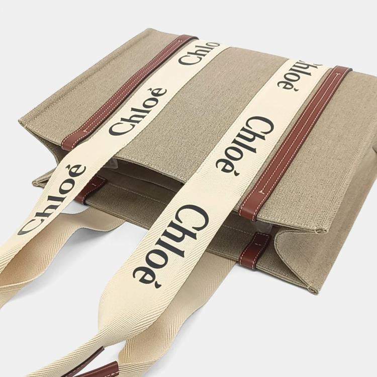 Pre Owned Chloe Beige Brown Fabric Woody Bag Medium