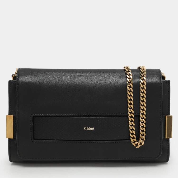 Pre Owned Chloe Black Leather and Python Trim Elle Chain Clutch